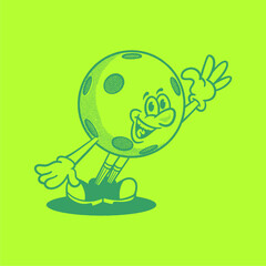 Groovy pickleball character in retro cartoon. Mascot, vector, icon, collection, sticker, vintage, illustration, set, funny, logo, comic, editable, sport, game, coloring book