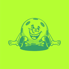 Groovy pickleball character in retro cartoon. Mascot, vector, icon, collection, sticker, vintage, illustration, set, funny, logo, comic, editable, sport, game, coloring book