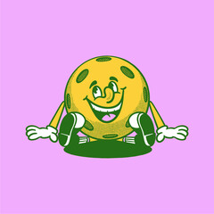 Groovy pickleball character in retro cartoon. Mascot, vector, icon, collection, sticker, vintage, illustration, set, funny, logo, comic, editable, sport, game