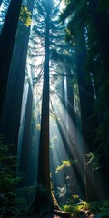 Ancient redwood forest with sunlight filtering through the towering canopy, creating a mystical atmosphere, conifer,  nature