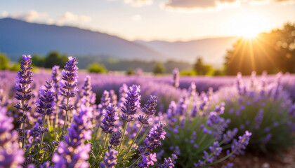 Obraz premium Close-up view of vibrant purple lavender flowers blooming in a vast field. Golden sunlight sets over rolling hills and mountains in the background.