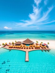 Aerial perspective of a vibrant beach club scene with a crystal-clear pool and colorful umbrellas on a pristine white sandy beach in Bali,  vacation destination,  red umbrellas