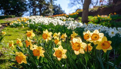 Vibrant spring flowers in a garden bed