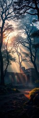 Ancient trees shrouded in mystical mist, forest ruins bathed in twilight sunbeams,  overgrown, enchanted forest