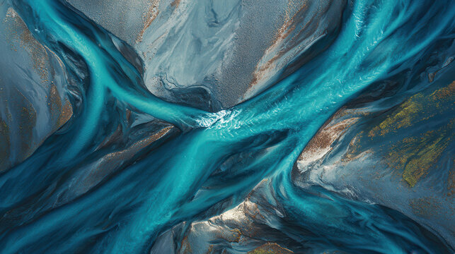 Aerial view of turquoise river deltas and glacial meltwater