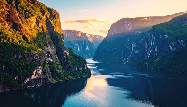 Scenic Fjord Landscape Under Golden Hour Sunlight With Majestic Mountains Reflected In Calm Water And Lush Greenery Adorning Rocky Cliffs