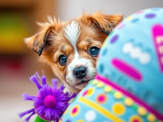 Adorable puppy peeking out from behind a colorful toy, radiating innocence and charm,  toy,  fun