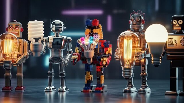 A diverse group of robots, each embodying a different type of lightbulb