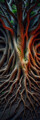 Ancient tree roots spread like veins across the planet's surface, signifying life's deep connection,  root network,  green