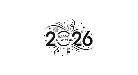 Happy new year 2026 text with abstract festive decorative elements and confetti