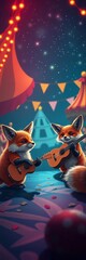 Adorable foxes joyfully perform at a vibrant circus, playing music under a starry night sky,  circus,  vector art