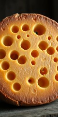 Aged cheese wheel with intricate holes, highlighting texture and artisanal craftsmanship,  food inspiration,  edible