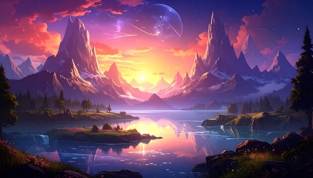 Serene sunset over majestic mountains reflected in a calm lake