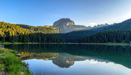 Serene Alpine Lake Reflecting Majestic Mountain Peak and Lush Green Forest Under Clear Blue Sky and Golden Sunlight