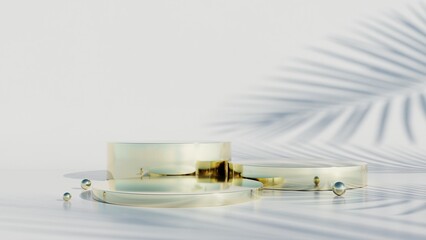 3d illustration of minimal podium, Luxury gold geometric product display with palm leaf shadow, Cosmetic presentation backdrop