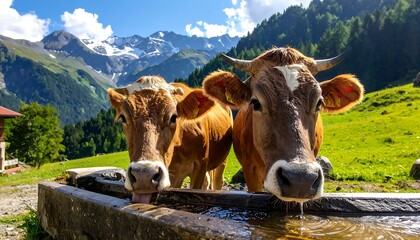 Two cows drink at a mountain trough