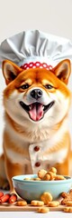 Adorable Shiba Inu chef hat canine ready for culinary fun, bright smile, white background, pet food, treats,  studio,  baker