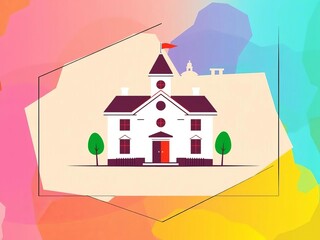 An abstract illustration of a geometric border around a simplified schoolhouse silhouette,  digital art,  school