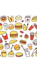 An energetic collection of fast food doodles, featuring iconic items in a charming outline style for creative projects,  burger,  pizza