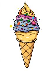 Artistic doodle of a vibrant ice cream cone with colorful toppings,  dessert,  food