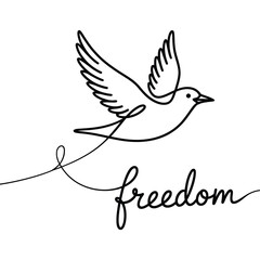 Minimalist line art of a bird in flight with the word freedom
