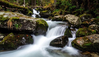 Fototapeta premium Moss Covered Rocks Line a Gently Flowing Forest Stream with Soft White Water and Blurred Autumn Foliage in the Background