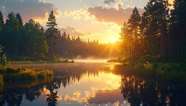 Sunrise over a tranquil lake in a pine forest - Powered by Adobe