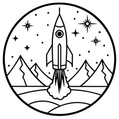 Illustration of a rocket launching from a planet with mountains and stars