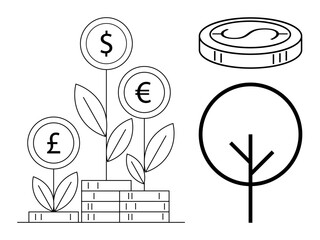 Growing plants with currency symbols, a stacked coin, and a minimalist tree outline. Ideal for finance, investment, savings, budget planning, economic growth, wealth management and sustainability