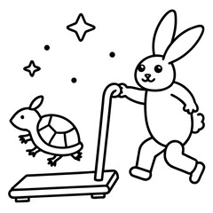 A rabbit helps a turtle on a treadmill