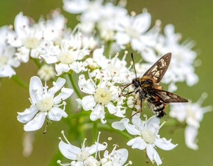 Six-spotted burnet moth on white flowers in a natural setting.