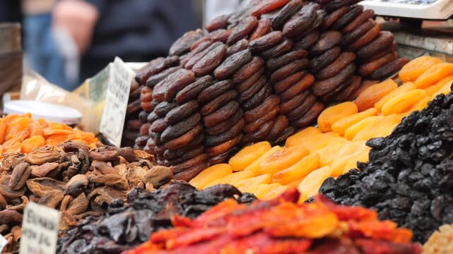 Colorful assortment of dried fruits at local market