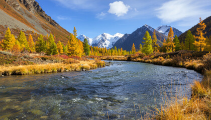 A stunning mountain river flows through a valley with vibrant yellow and orange autumn foliage. Snow-capped peaks rise under a blue sky, showcasing a pristine wilderness.