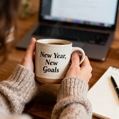 A cup of coffee next to a list of New Year's resolutions, with Christmas decorations. A cozy goal-setting concept.