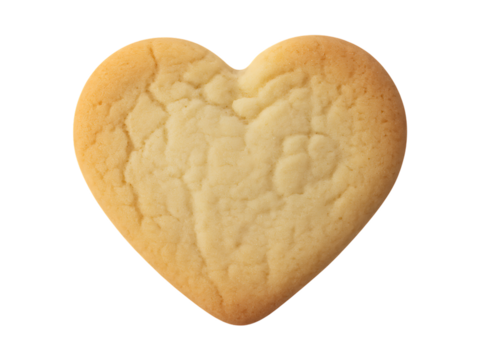 A single golden brown heart shaped cookie with a subtle embossed pattern isolated on transparent background