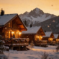 Several cozy cabins decorated for Christmas in a snowy winter village. A magical and festive holiday landscape.