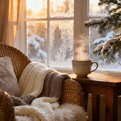 A warm cup of coffee in a cozy living room with a snowy winter scene outside the window. A perfect hygge moment.
