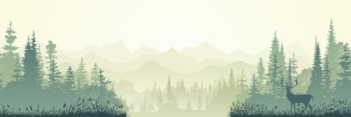 Fototapeta premium Mountain landscape in the morning haze, deer in the wild forest, misty silhouettes, vector illustration, panoramic view