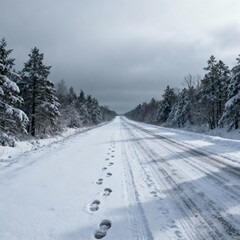 Footprints in deep snow lead down a path in a quiet, cold winter forest. A scene of solitude and journey.