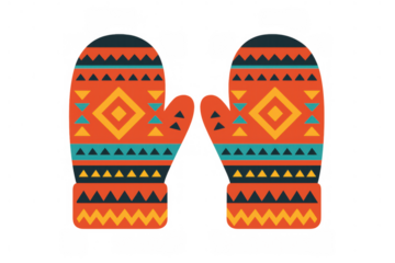 Pair of colorful knitted mittens with traditional fair isle style pattern for winter warmth and comfort, transparent background