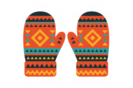 Pair of colorful knitted mittens with traditional fair isle style pattern for winter warmth and comfort, transparent background