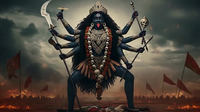 The divine power of Kali, hindu goddess standing amidst of war field, with dark complexion and