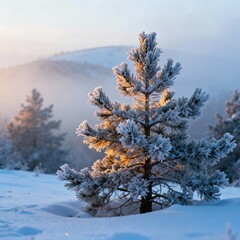 A single pine tree covered in snow, backlit by bright sunlight in a winter mountain landscape. A cold, beautiful scene.
