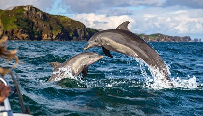 Two dolphins leaping in the ocean