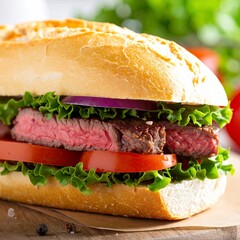 Delicious Steak Sandwich with Fresh Vegetables on a Baguette.