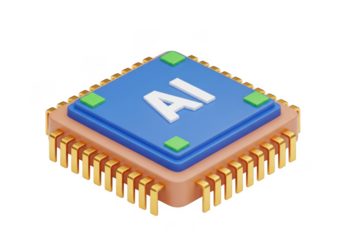3d ai microchip processor with golden pins isolated on transparent background