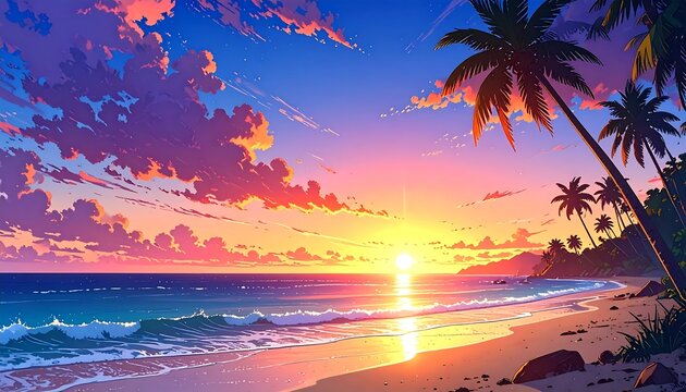 Vibrant sunset beach scene