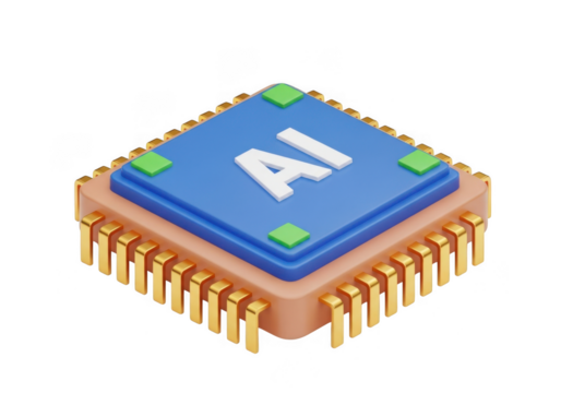3d ai microchip processor with golden pins isolated on transparent background