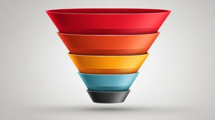 A marketing or sales funnel composed of five brightly colored, nested stages, visually representing the process of filtering prospects into customers.