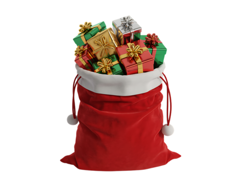 A full red santa claus sack overflowing with colorful wrapped christmas presents isolated on transparent background